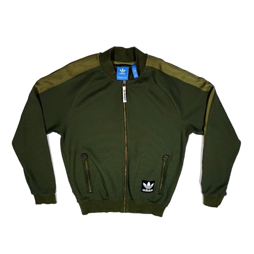 RARE Adidas M Track Jacket Mens  Green Waffle Knit Cargo Flap Military Pockets